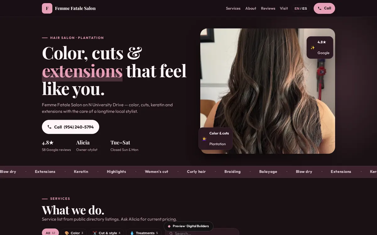 Sample website preview: Femme Fatale Salon