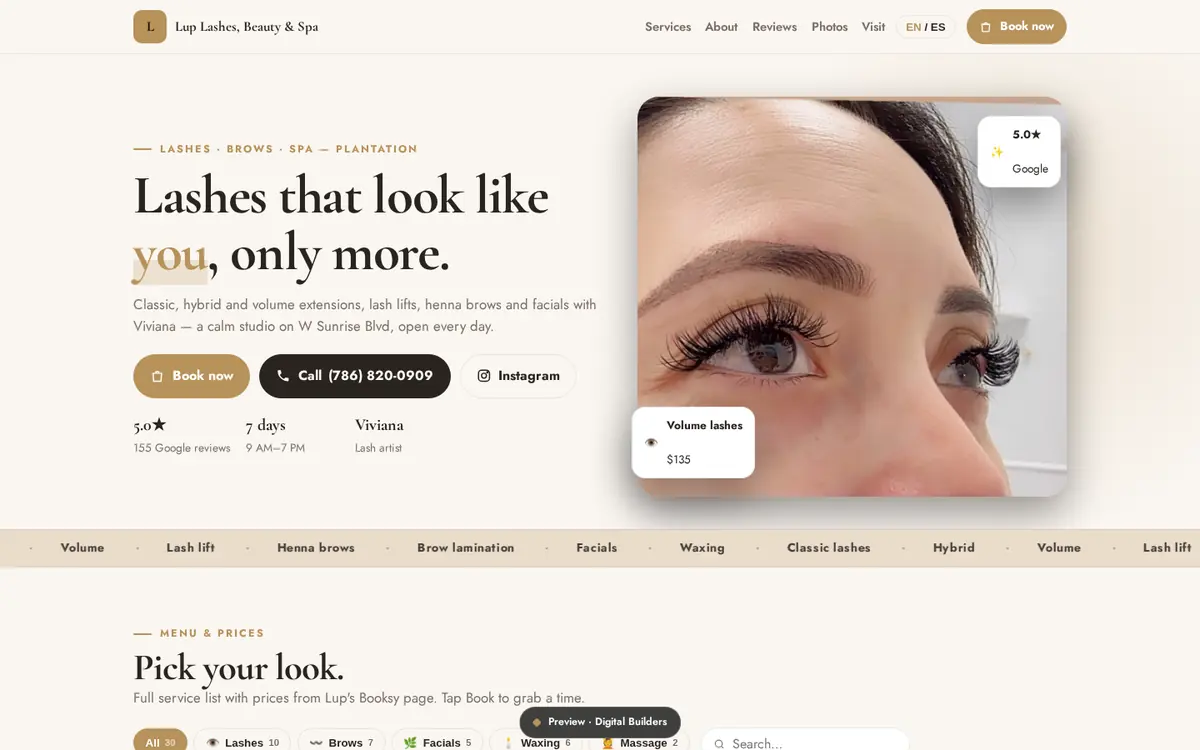 Sample website preview: Lup Lashes