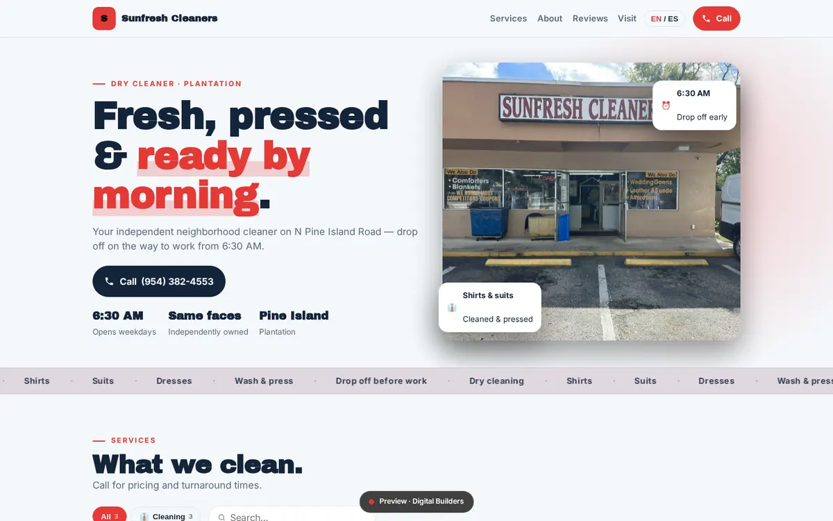 Sample website preview: Sunfresh Cleaners